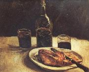Still life with a Bottle,Two Glasses Cheese and Bread (nn04) Vincent Van Gogh